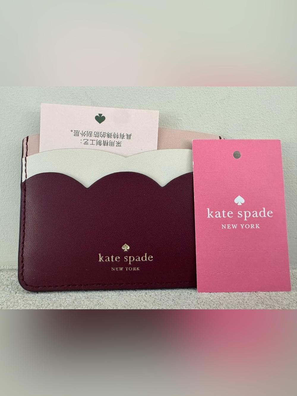 KATE SPADE NWT Scalloped Leather Card Holder Burgundy Pink NEW